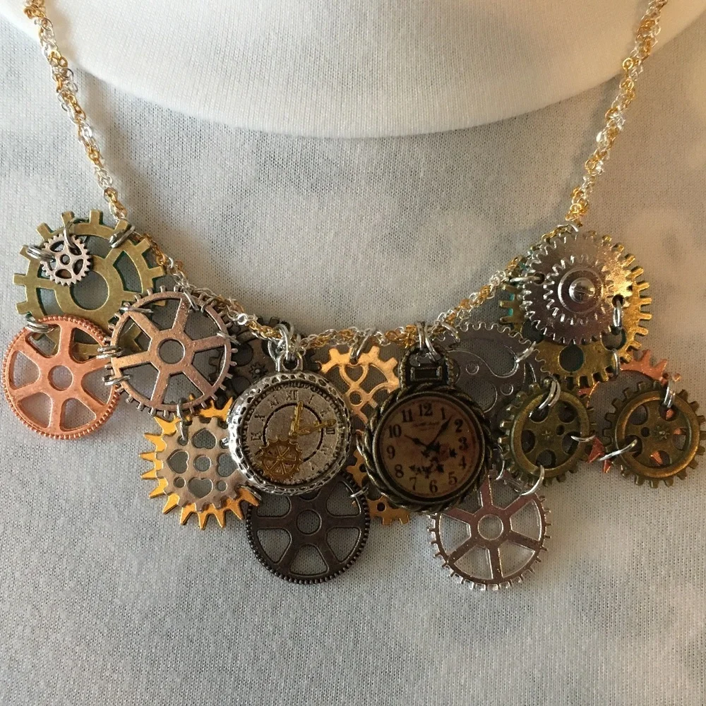 SOLD—Steampunk Handmade Steamer Mixed Metal Bib Necklace with Gears, Clocks - Picture 2 of 16